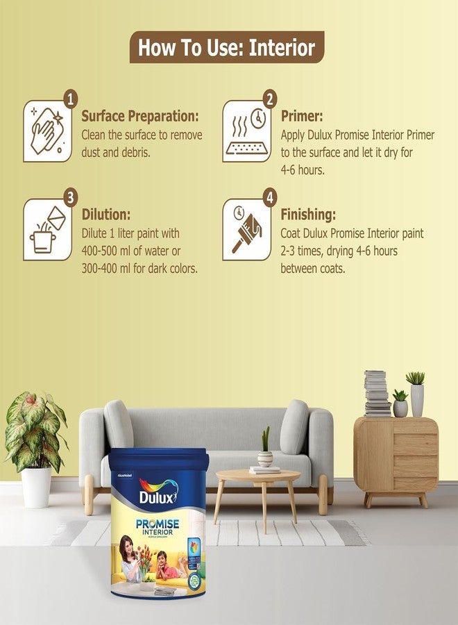 ديولكس دهان دولوكس بروميس الداخلي (1 لتر، أبيض) | دهان جدران بتقنية كروما برايت لألوان أكثر إشراقًا تدوم طويلًا | لمسة نهائية غنية | مقاوم للتشقق | أساس مائي | ضمان 3 سنوات - Image 2